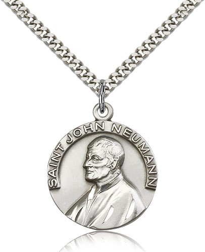 St. John Neumann Medal, Sterling Silver - 24" 2.4mm Rhodium Plate Endless Chain