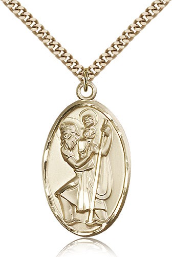 Men's Large Gold Filled Saint Christopher Pendant - 24" 2.4mm Gold Plated Endless Chain