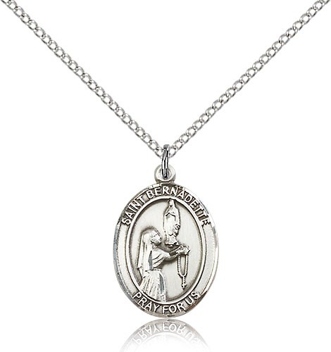 St. Bernadette Medal, Sterling Silver, Medium - 18" 1.2mm Sterling Silver Chain + Clasp
