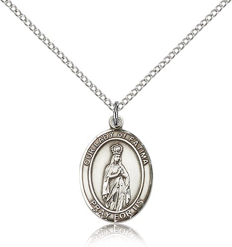Our Lady of Fatima Medal, Sterling Silver, Medium - 18" 1.2mm Sterling Silver Chain + Clasp