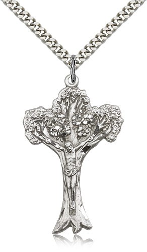 Tree of Life Crucifix Pendant, Sterling Silver - 24" 2.4mm Rhodium Plate Endless Chain