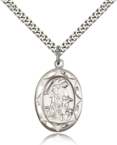 Guardian Angel Medal, Sterling Silver - 24" 2.4mm Rhodium Plate Endless Chain
