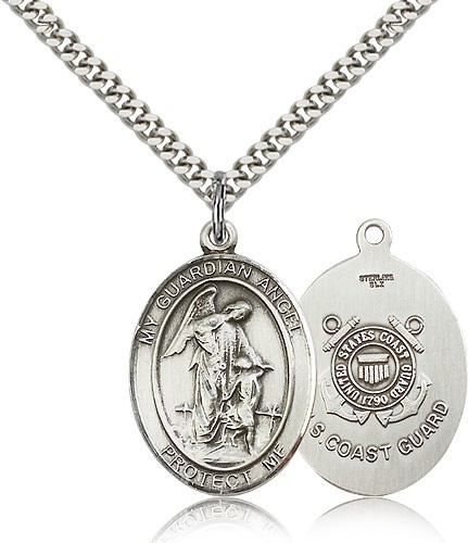 Guardian Angel Coast Guard Medal, Sterling Silver, Large - 24" 2.4mm Rhodium Plate Chain + Clasp