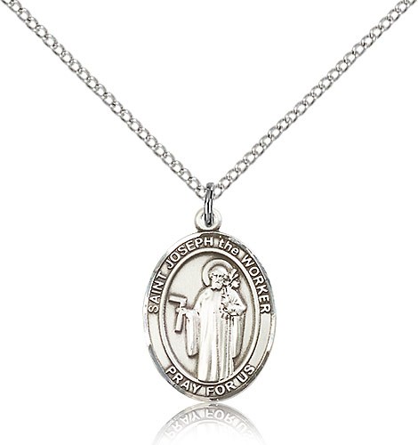 St. Joseph the Worker Medal, Sterling Silver, Medium - 18" 1.2mm Sterling Silver Chain + Clasp