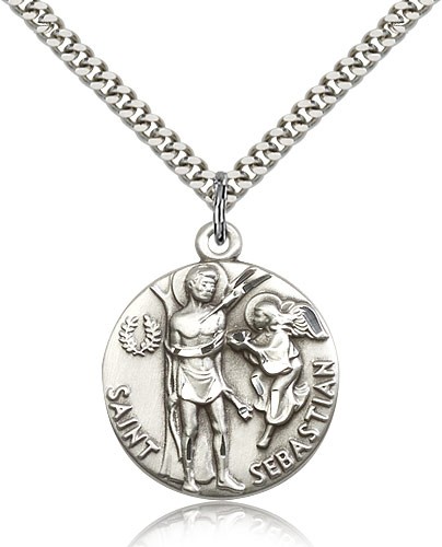 St. Sebastian Medal, Sterling Silver - 24" 2.4mm Rhodium Plate Endless Chain