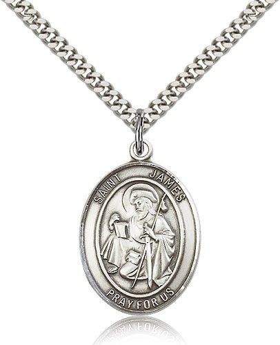 St. James the Greater Medal, Sterling Silver, Large - 24" 2.4mm Rhodium Plate Chain + Clasp