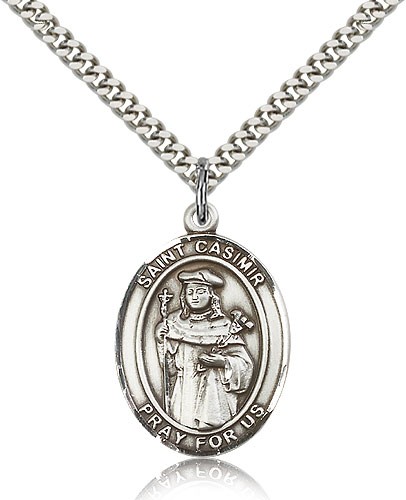 St. Casimir of Poland Medal, Sterling Silver, Large - 24" 2.4mm Rhodium Plate Chain + Clasp