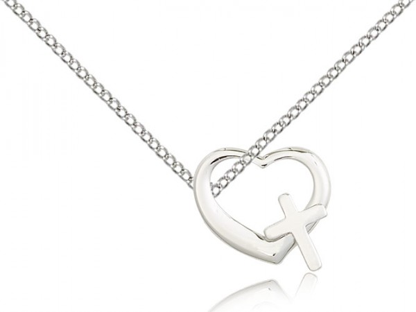 Heart Cross Pendant, Sterling Silver - 18" 1.2mm Sterling Silver Chain + Clasp