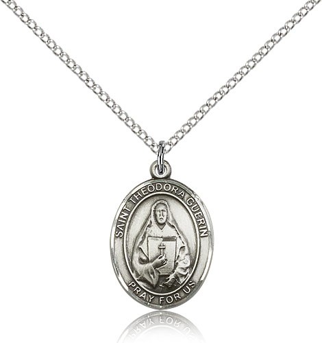 St. Theodore Guerin Medal, Sterling Silver, Medium - 18" 1.2mm Sterling Silver Chain + Clasp