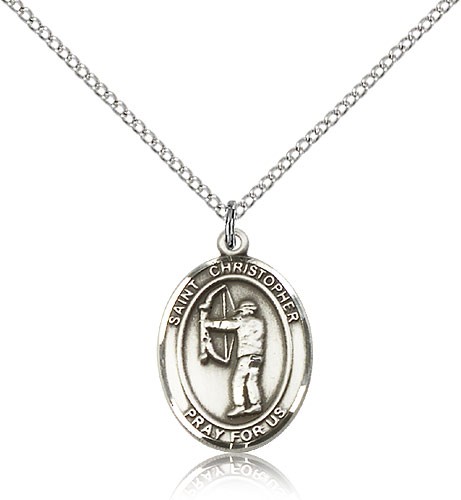 St. Christopher Archery Medal, Sterling Silver, Medium - 18" 1.2mm Sterling Silver Chain + Clasp