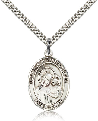 Our Lady of Good Counsel Medal, Sterling Silver, Large - 24" 2.4mm Rhodium Plate Chain + Clasp