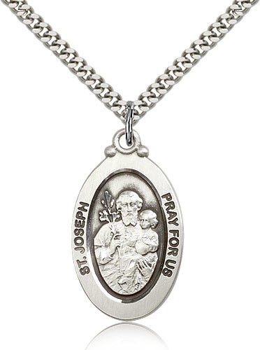 St. Joseph Medal, Sterling Silver - 24" 2.4mm Rhodium Plate Endless Chain