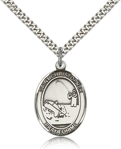 St. Christopher Fishing Medal, Sterling Silver, Large - 24" 2.4mm Rhodium Plate Chain + Clasp