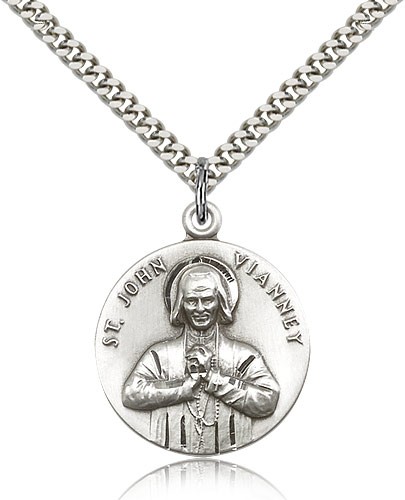 St. John Vianney Medal, Sterling Silver - 24" 2.4mm Rhodium Plate Endless Chain