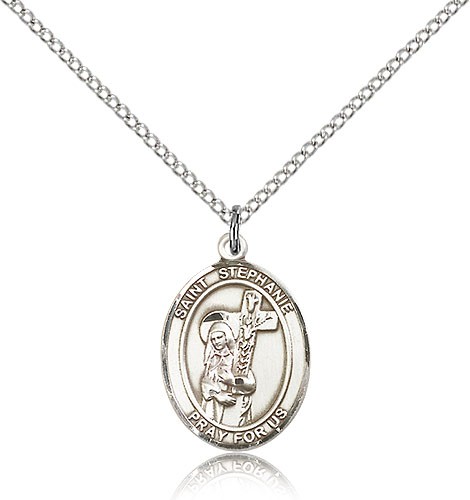 St. Stephanie Medal, Sterling Silver, Medium - 18" 1.2mm Sterling Silver Chain + Clasp