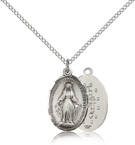 Miraculous Medal, Sterling Silver - 18" 1.2mm Sterling Silver Chain + Clasp