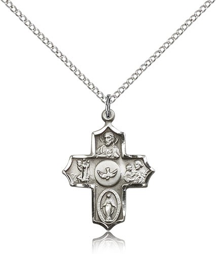 5 Way Cross Pendant, Sterling Silver - 18" 1.2mm Sterling Silver Chain + Clasp
