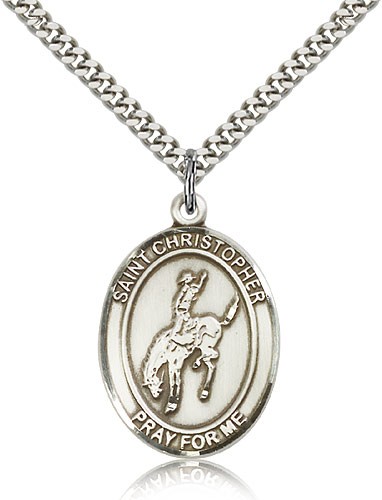 St. Christopher Rodeo Medal, Sterling Silver, Large - 24" 2.4mm Rhodium Plate Chain + Clasp