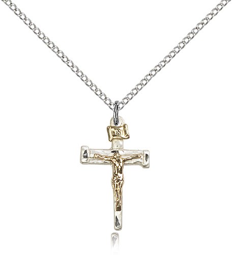 Nail Crucifix Pendant, Two-Tone - 18" 1.2mm Sterling Silver Chain + Clasp