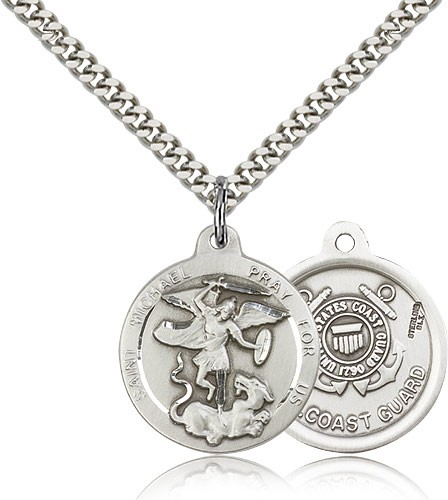 St. Michael Coast Guard Medal, Sterling Silver - 24" 2.4mm Rhodium Plate Endless Chain