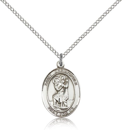 St. Christopher Medal, Sterling Silver, Medium - 18" 1.2mm Sterling Silver Chain + Clasp