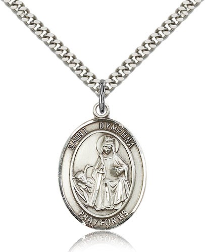 St. Dymphna Medal, Sterling Silver, Large - 24" 2.4mm Rhodium Plate Chain + Clasp