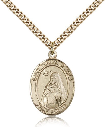 St. Teresa of Avila Medal, Gold Filled, Large - 24" 2.4mm Gold Plated Chain + Clasp