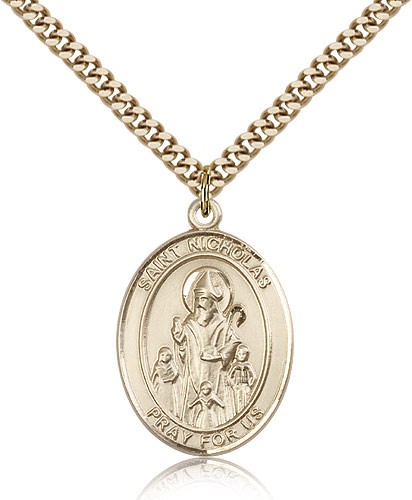 St. Nicholas Medal, Gold Filled, Large - 24" 2.4mm Gold Plated Chain + Clasp