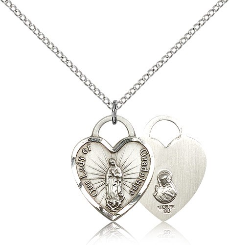 Our Lady of Guadalupe Heart Medal, Sterling Silver - 18" 1.2mm Sterling Silver Chain + Clasp
