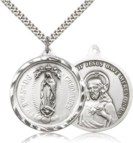 Our Lady of Guadalupe Medal, Sterling Silver - 24" 2.4mm Rhodium Plate Endless Chain