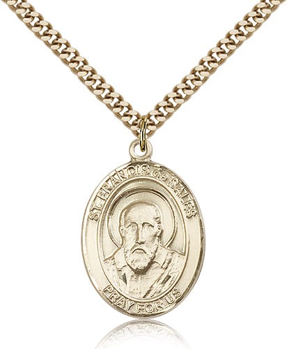 St. Francis De Sales Medal, Gold Filled, Large - 24" 2.4mm Gold Plated Chain + Clasp