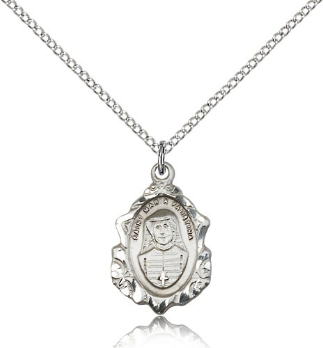 Maria Faustina Medal, Sterling Silver - 18" 1.2mm Sterling Silver Chain + Clasp