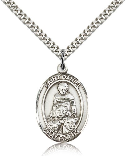 St. Daniel Medal, Sterling Silver, Large - 24" 2.4mm Rhodium Plate Chain + Clasp