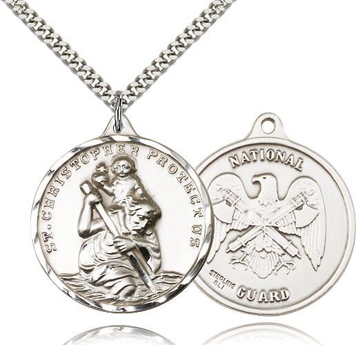 St. Christopher National Guard Medal, Sterling Silver - 24" 2.4mm Rhodium Plate Endless Chain