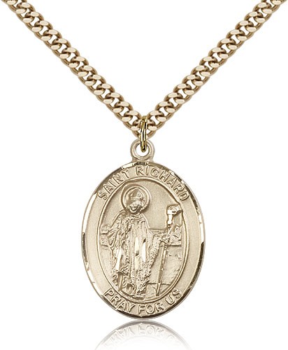 St. Richard Medal, Gold Filled, Large - 24" 2.4mm Gold Plated Chain + Clasp
