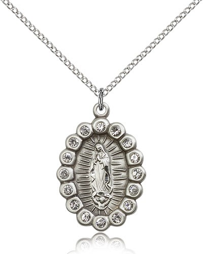 Our Lady of Guadalupe Medal, Sterling Silver - 18" 1.2mm Sterling Silver Chain + Clasp