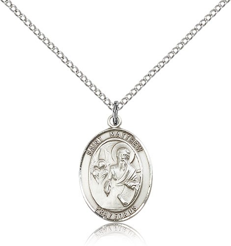 St. Matthew the Apostle Medal, Sterling Silver, Medium - 18" 1.2mm Sterling Silver Chain + Clasp