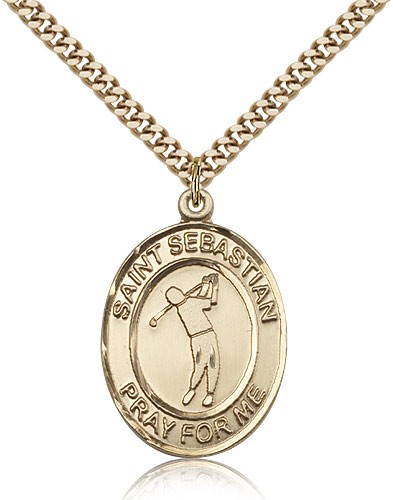 St. Sebastian Golf Medal, Gold Filled, Large - 24" 2.4mm Gold Plated Chain + Clasp