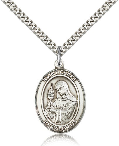 St. Clare of Assisi Medal, Sterling Silver, Large - 24" 2.4mm Rhodium Plate Chain + Clasp