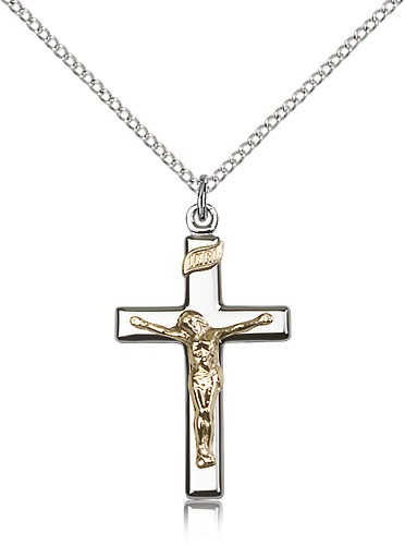 Crucifix Pendant, Two-Tone - 18" 1.2mm Sterling Silver Chain + Clasp
