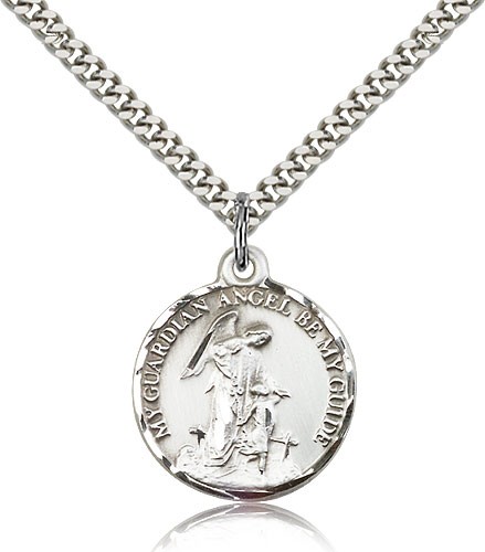 Guardian Angel Medal, Sterling Silver - 24" 2.4mm Rhodium Plate Endless Chain