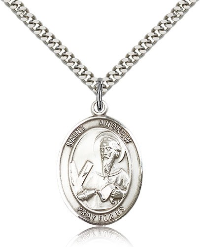 St. Andrew the Apostle Medal, Sterling Silver, Large - 24" 2.4mm Rhodium Plate Chain + Clasp