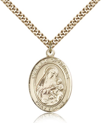 Our Lady of Grapes Medal, Gold Filled, Large - 24" 2.4mm Gold Plated Chain + Clasp