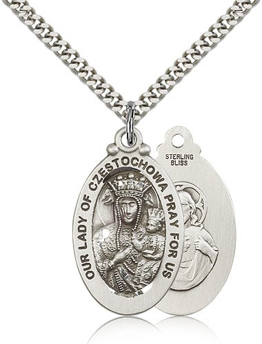 Our Lady of Czestochowa Medal, Sterling Silver - 24" 2.4mm Rhodium Plate Endless Chain