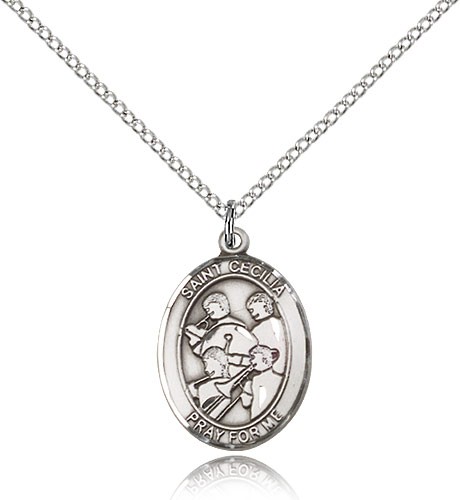 St. Cecilia Marching Band Medal, Sterling Silver, Medium - 18" 1.2mm Sterling Silver Chain + Clasp