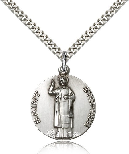 St. Stephen Medal, Sterling Silver - 24" 2.4mm Rhodium Plate Endless Chain