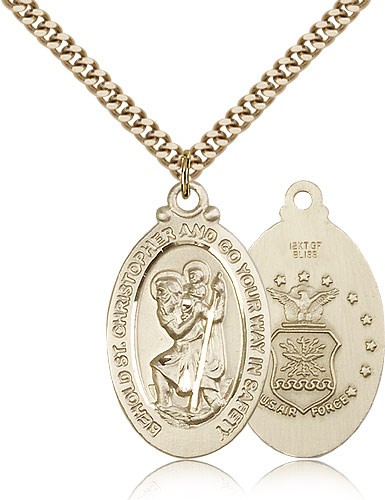 St. Christopher Air Force Medal, Gold Filled - 24" 2.4mm Gold Plated Endless Chain