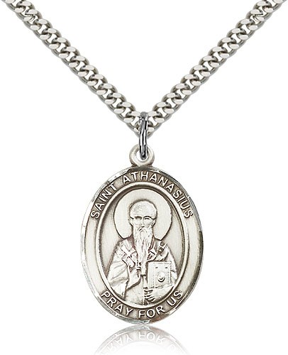 St. Athanasius Medal, Sterling Silver, Large - 24" 2.4mm Rhodium Plate Chain + Clasp