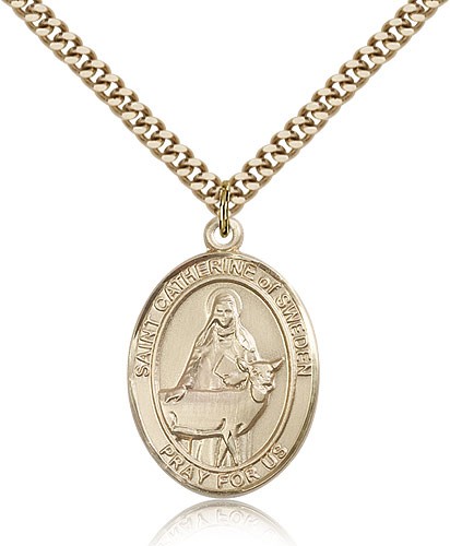 St. Catherine of Sweden Medal, Gold Filled, Large - 24" 2.4mm Gold Plated Chain + Clasp