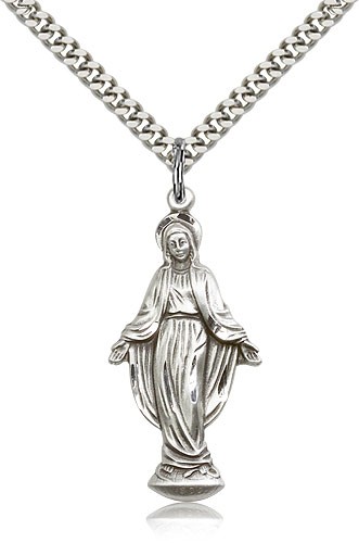 Miraculous Medal, Sterling Silver - 24" 2.4mm Rhodium Plate Endless Chain